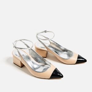 Zara Beige and Black Pointed Toe Slingback Heels